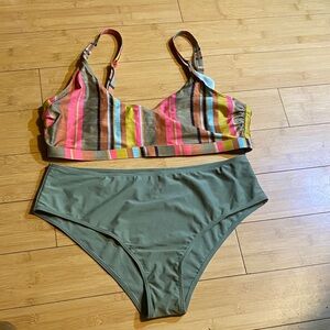 Prana Vibrant Striped Bikini with Olive Bottom